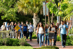 UTRGV students walk towards the Main building on the first day of class on Monday, Aug. 31, 2015 in Brownsville, Texas. UTRGV photo by Paul Chouy