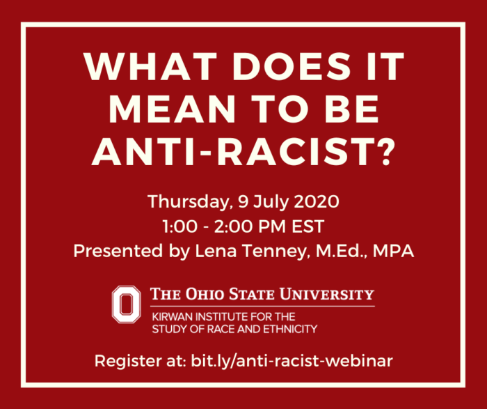 "What does it mean to be antiracist webinar graphic; white text on red background