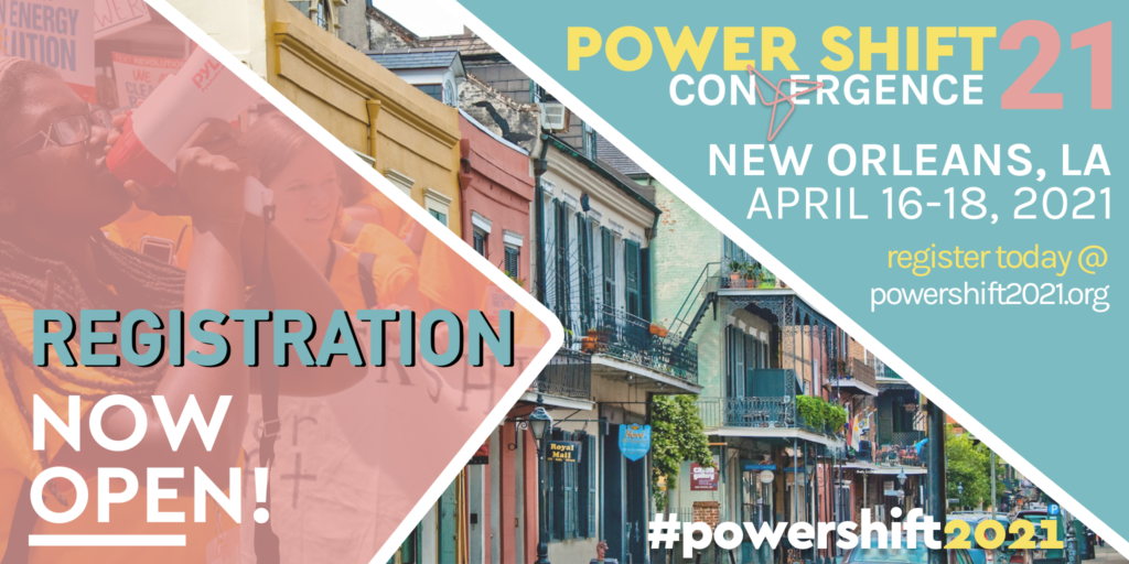 Graphic promoting Power Shift Convergence 2021. New Orleans, LA, April 16-18, 2021; Registration now open