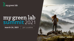 My Green Lab Summit 2021 graphic with mountain and female presenting person in the foreground