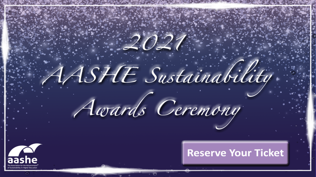 snowy, purplish vector artwork with text: "2021 AASHE Sustainability Awards Ceremony" & reserve ticket link