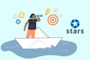 Businesswoman sailing on paper boat in sea water. Woman looking through telescope at future corporate goal flat vector illustration. Leadership concept for banner, website design or landing web page