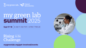 My Green Lab conference graphic; purple with black and white text and bubbles, one of which is a picture of a researcher looking through a microscope