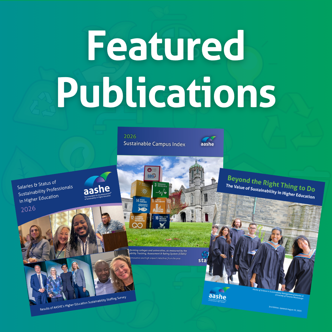 Image reading Featured Publications and shows three AASHE reports